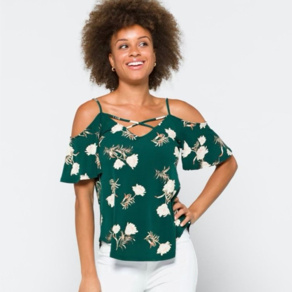 Green floral cold-shoulder top